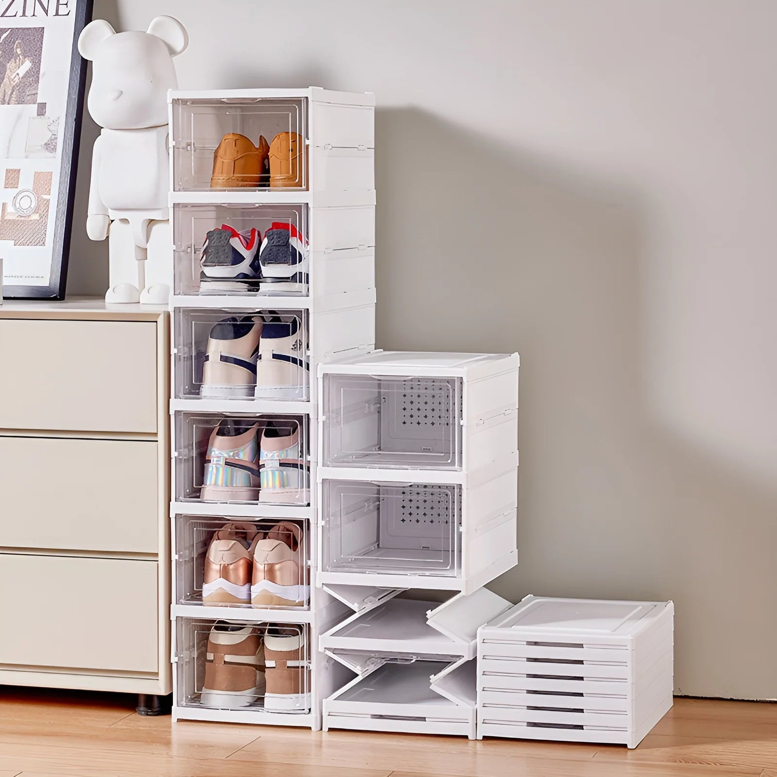 6 Layers Shoes Box Foldable Transparent Sneaker Shoe Storage Organizers Box Stackable Dustproof High-top Cabinet Shoe Rack Shelf