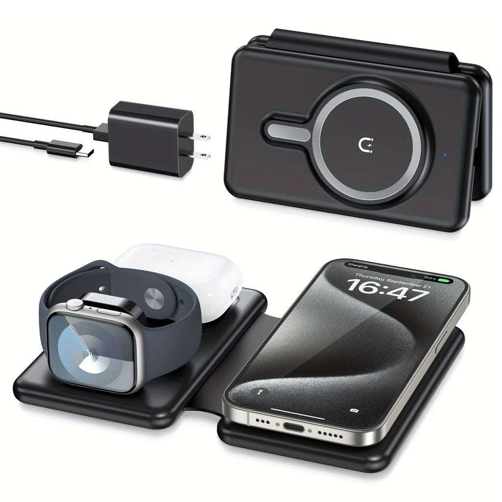 Cell Phone Wireless Charger - 3-in-1 Travel Charging Station for Multiple Devices, Portable Foldable Magnetic Charging Pad